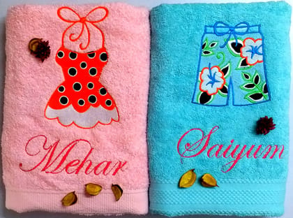 TurtleLittle, 100% Cotton, Shorts & Frock Personalised Valentines Couple Bath Towels, 600 GSM (Set of 2, Pink & Blue) TurtleLittle, 100% Cotton, Shorts & Frock Personalised Valentines Couple Bath Towels, 600 GSM (Set of 2, Pink & Blue)