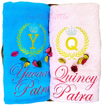 TurtleLittle, 100% Cotton, Laurel with Initials & Name Personalised Valentines Couple Bath Towel Set, 600 GSM (Set of 2, Pink & Blue) TurtleLittle, 100% Cotton, Laurel with Initials & Name Personalised Valentines Couple Bath Towel Set, 600 GSM (Set of 2, Pink & Blue)