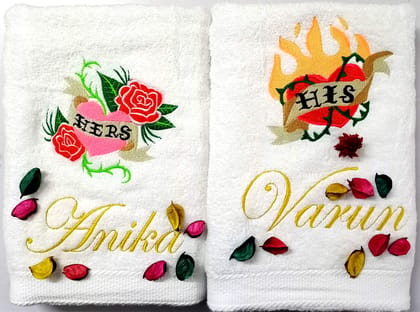 TurtleLittle,100% Cotton, Burning Hearts Personalised Valentines Couple Bath Towel Set, 600 GSM (Set of 2, White) TurtleLittle,100% Cotton, Burning Hearts Personalised Valentines Couple Bath Towel Set, 600 GSM (Set of 2, White)