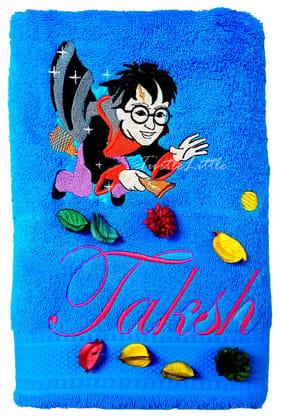TurtleLittle, Cotton, Harry Potter on Flying Broom Personalised Kids Bath Towel, 500 GSM(100% Cotton, Blue)