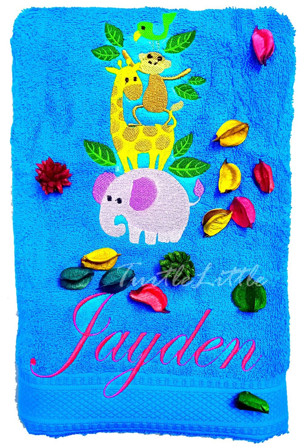 TurtleLittle, Cotton, Animals Personalised Kids Bath Towel, 500 GSM (Set of 1, Blue)