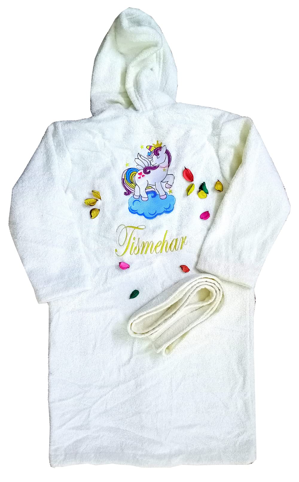 TurtleLittle, 100% Cotton, Personalised Unicorn Pony Princess Bathrobe with Hood for Kids, 7 to 10 Years, with Name and Initials, 350 GSM (Set of 1, Ivory White)