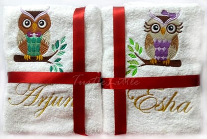 TurtleLittle, 100% Cotton, Personalised Owls Valentines Couple Bath Towels, 600 GSM (Set of 2, White)