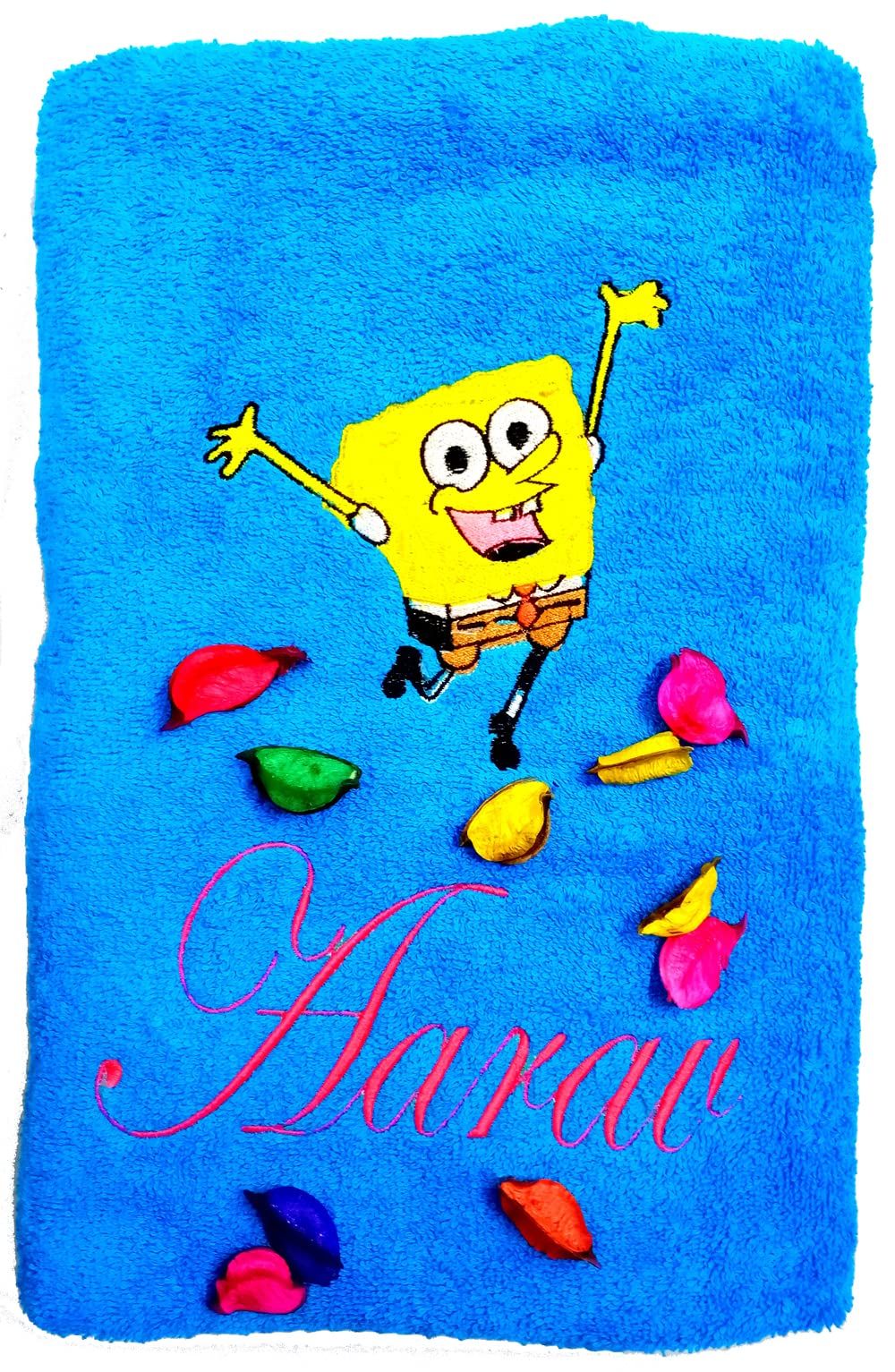 TurtleLittle, Cotton, Spongebob Square Pants Personalised Kids Bath Towel, 500 GSM (Set of 1, Blue)
