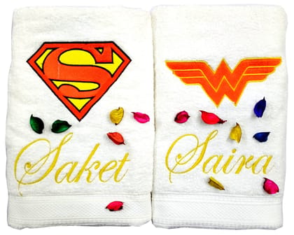 TurtleLittle, 100% Cotton, Superman and Wonder Woman Logo Personalised Couple Towel Set, 600 GSM (Set of 2, White) TurtleLittle, 100% Cotton, Superman and Wonder Woman Logo Personalised Couple Towel Set, 600 GSM (Set of 2, White)