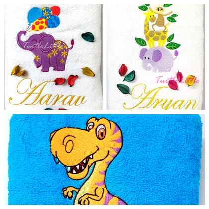 TurtleLittle, Cotton, 3 Animals Kids Towels Value Saver Combo Pack, Elephant, Giraffe, Monkey, Bird and Dinosaur, 500 GSM (Set of 3, White, White, Blue) TurtleLittle, Cotton, 3 Animals Kids Towels Value Saver Combo Pack, Elephant, Giraffe, Monkey, Bird and Dinosaur, 500 GSM (Set of 3, White, White, Blue)