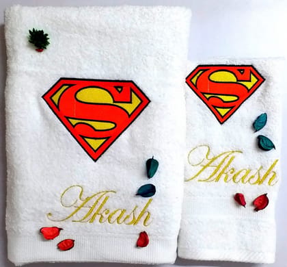 TurtleLittle, 100% Cotton, Superman Logo Personalised Luxury Adult Bath + Hand Towel Set, 600 GSM (Set of 2, White) TurtleLittle, 100% Cotton, Superman Logo Personalised Luxury Adult Bath + Hand Towel Set, 600 GSM (Set of 2, White)