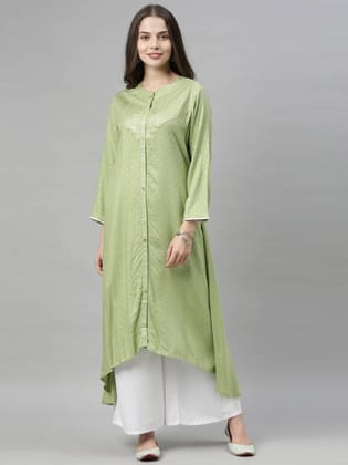 Women Printed Viscose Rayon Frontslit Kurta  (Green)