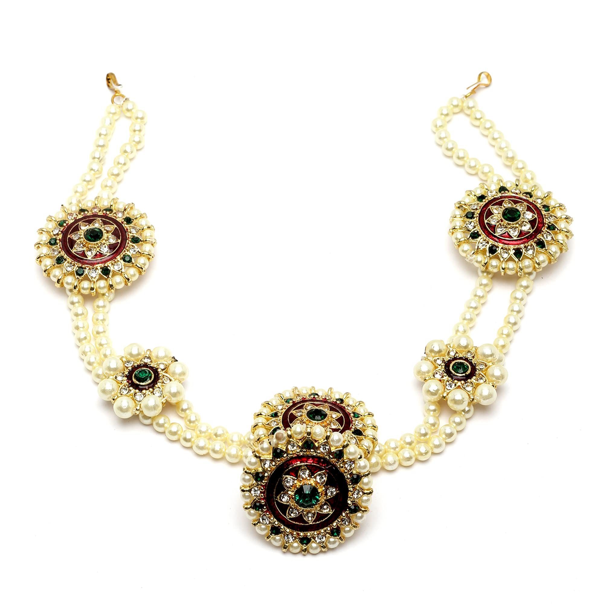 sanjog Rajasthani Borla Maang Tikka for Girls - Rajputi Sheeshphool Matha Patti for Women - Green Red & White Stone Embellished Flower Traditional Jewellery for Bride - Wedding & Engagement Gifts for Her