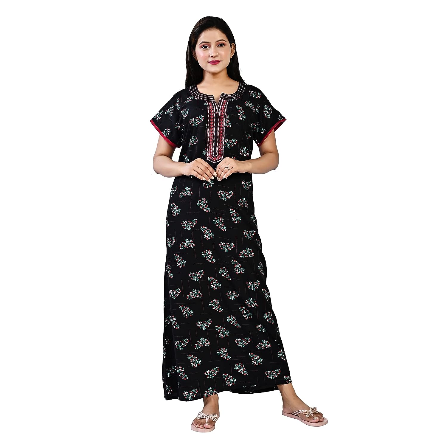Cotton Printed Nighty for Women, Half Sleeves Fancy Nightdress, Maxi, Sleepwear