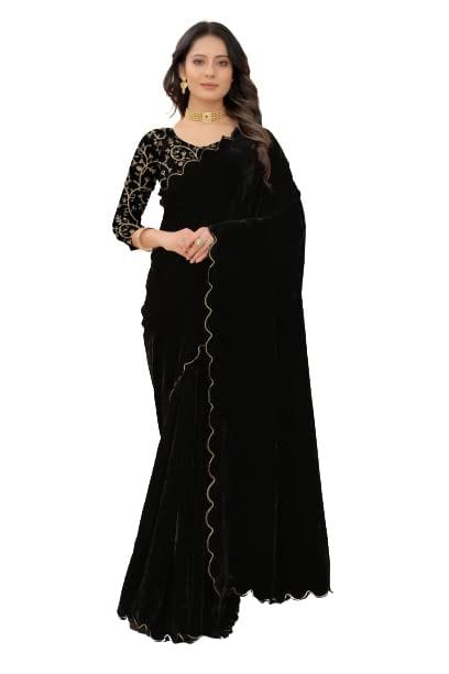 Dream Crushers Women's Cut Work Velvet Saree With Blouse Piece