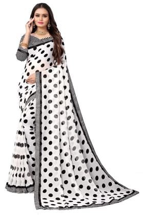 Dream Crushers Women's Polka Print,Floral Print,Fashion Silk Blend Saree (Black, White) Dream Crushers Women's Polka Print,Floral Print,Fashion Silk Blend Saree (Black, White)