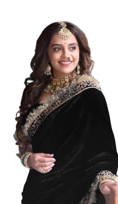 Dream Crushers Womens Saree Heavy Velvet Fabric Saree With Embroidey Work And Readymde Latkan lace in Saree