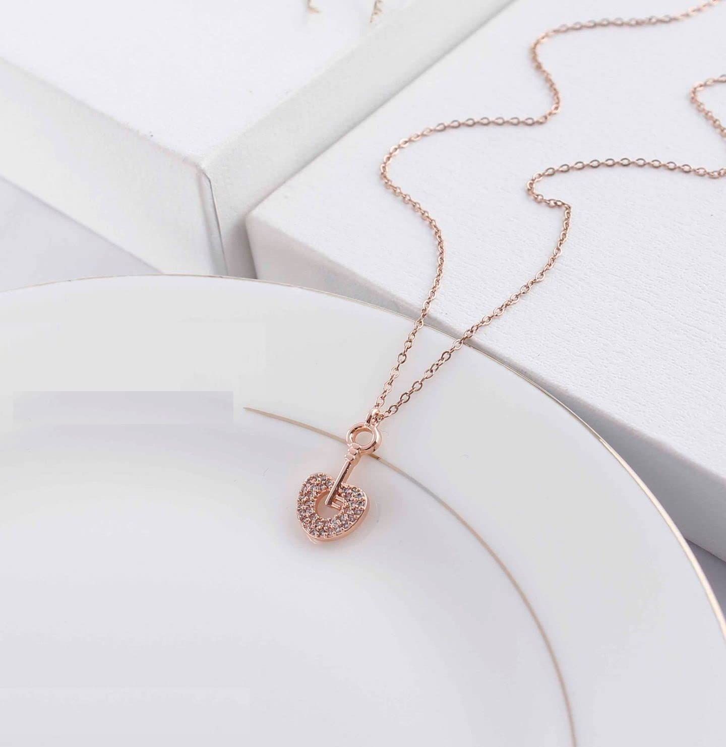 Aarohi13 Chain Pendant Set For Women with Diamond Heart Pendant Rose Gold