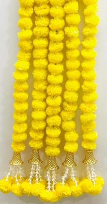 Artificial Marigold Fluffy Flowers Garlands for Decoration - Pack of 5 (Clustered Yellow Marigolds, offwhite tuberoses with Bells)