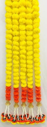 Artificial Marigold Fluffy Flowers Garlands for Decoration - Pack of 5 (Orange,Yellow Mix with Bell)