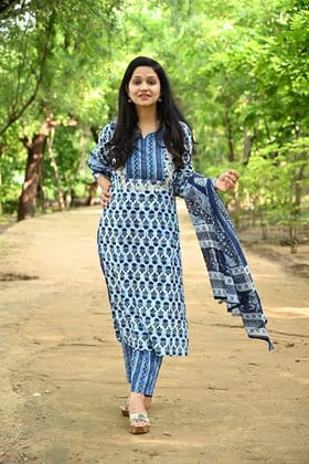 Monika Fashion Bagaru Print Straight Kurta and Dupatta Set with Gota Patti Embroidery in Yolk (Blue) Monika Fashion Bagaru Print Straight Kurta and Dupatta Set with Gota Patti Embroidery in Yolk (Blue)