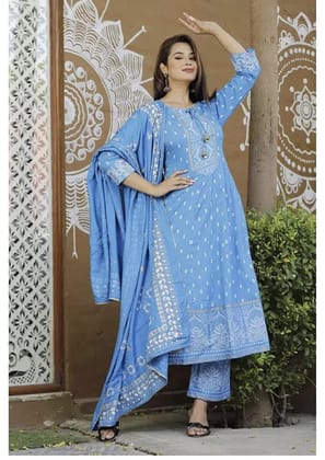 Monika Fashion Women's Rayon Printed Anarkali Kurta with Pant and Dupatta Set for Women & Girls Monika Fashion Women's Rayon Printed Anarkali Kurta with Pant and Dupatta Set for Women & Girls