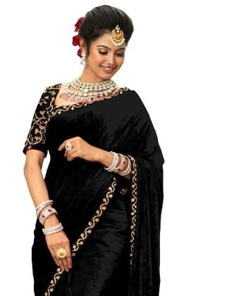 Dream Crushers Women's Heavy Velvet Embroidery Border Saree With Embroidery work Blouse Piece Dream Crushers Women's Heavy Velvet Embroidery Border Saree With Embroidery work Blouse Piece