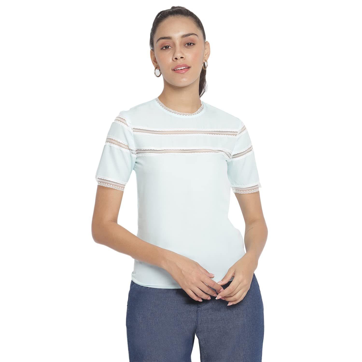 Marc Loire Women's Crepe Blue; Laces Cut & Sew Casual Top