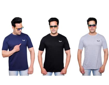 ENCORE FASHION Combo Pack of 3 Men Solid Round Neck Black, Grey, Navy Blue T-Shirt Half Sleeves Stylish Athleisure Gym Active Wear ENCORE FASHION Combo Pack of 3 Men Solid Round Neck Black, Grey, Navy Blue T-Shirt Half Sleeves Stylish Athleisure Gym Active Wear