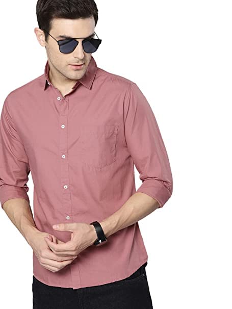 Men's Pink Solid Regular Fit Cotton Casual Full Sleeves Shirt