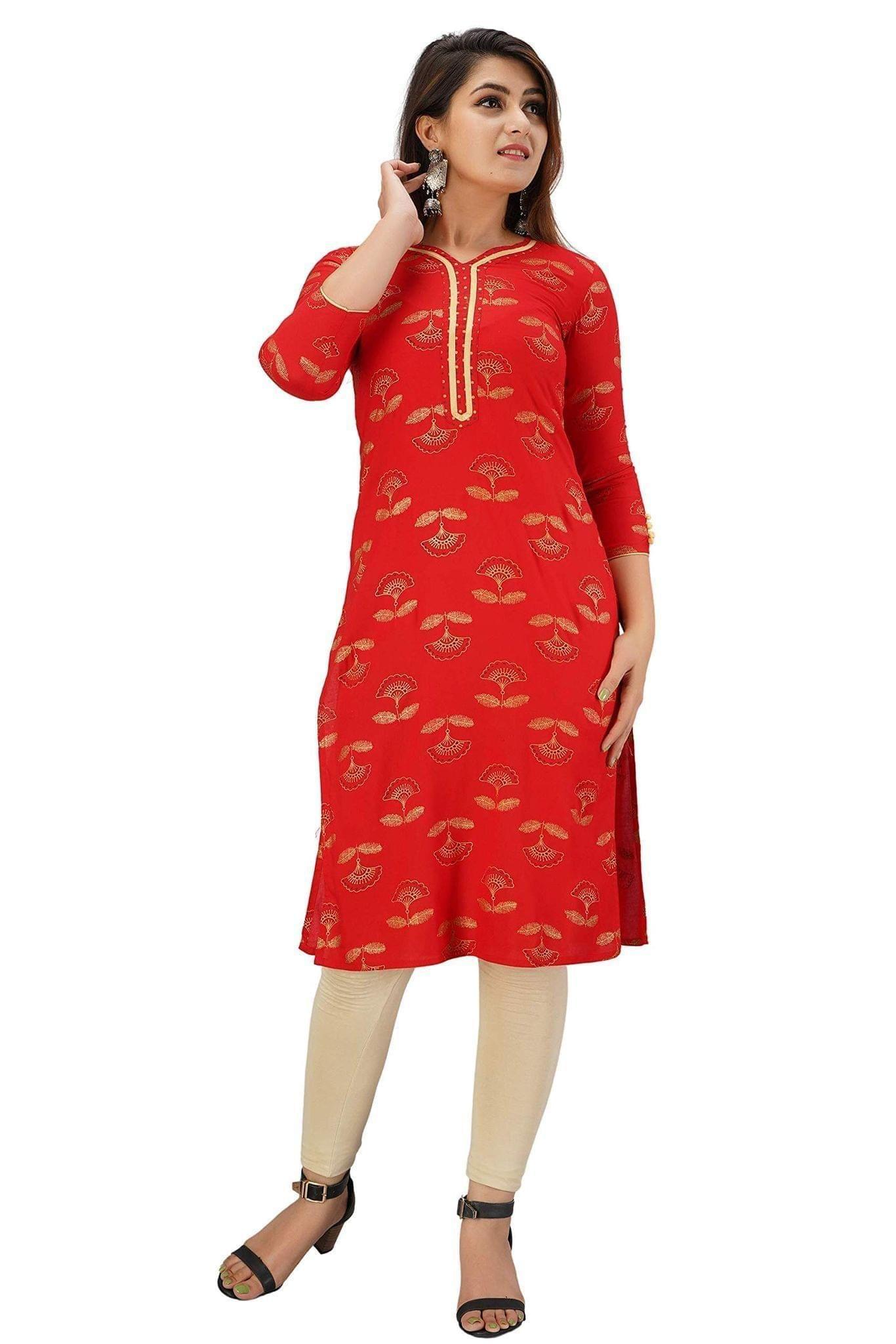 JAIPURETHNICWEAVES Women's Rayon Buti Printed Straight Kurta (Red)