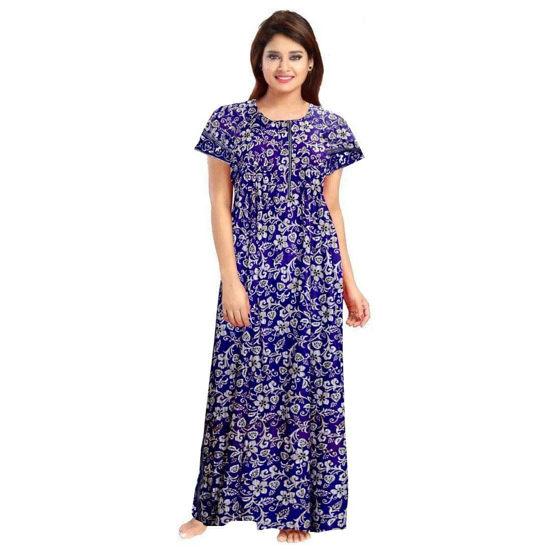 KBNBJ Women's Cotton All Over Print Maxi Nighty (KB_21_Blue_Free Size)