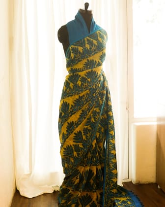Pure Handloom Yellow with Blue Linen Silk Saree Pure Handloom Yellow with Blue Linen Silk Saree