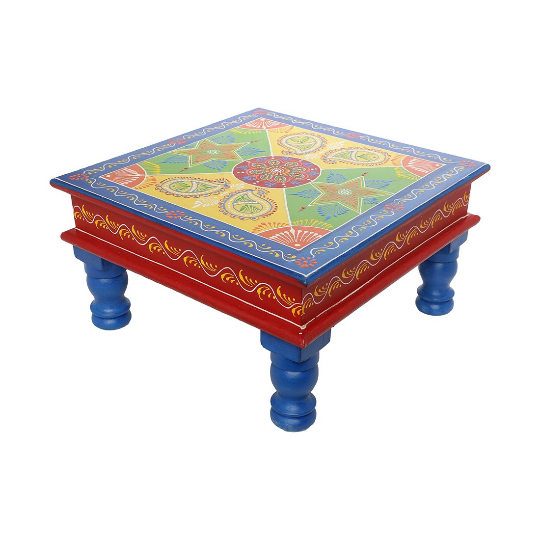 The Cocotier® Wood Carved Designer Chowki Bajot for Pooja Home Temple Hand Painted Stool(30X30X17)cms.