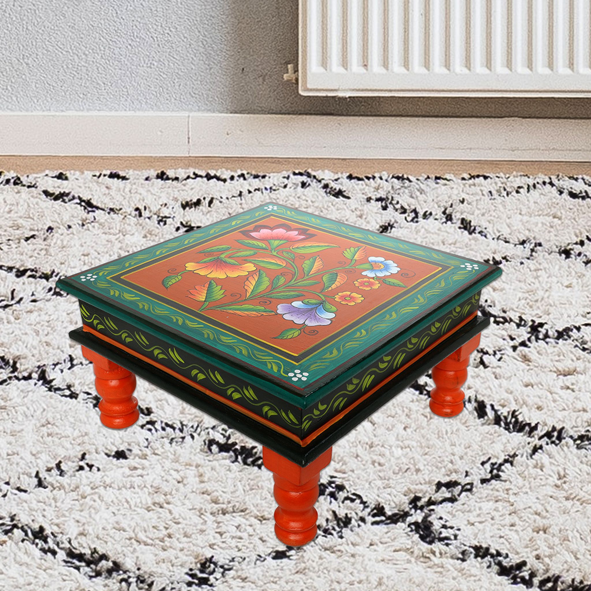 The Cocotier® Wood Carved Green Chowki Bajot for Pooja Home Temple, Hand Painted Stool, chaurang for pooja (30X30X17cms).