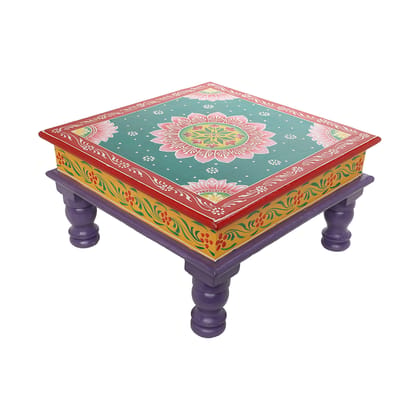 The Cocotier® Wood Carved Purple Chowki Bajot for Pooja Home Temple, Hand Painted Stool, chaurang for pooja