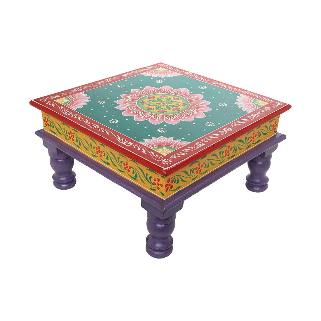 The Cocotier® Wood Carved Purple Chowki Bajot for Pooja Home Temple, Hand Painted Stool, chaurang for pooja