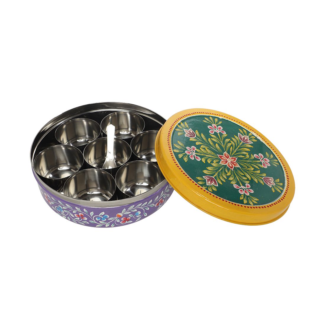 The Cocotier® Hand Crafted Stainless Steel Purple & Yellow Spice box | Masala box, spice box for kitchen, masala dani for kitchen | Hand painted masala box for kitchen, masala box for kitchen.