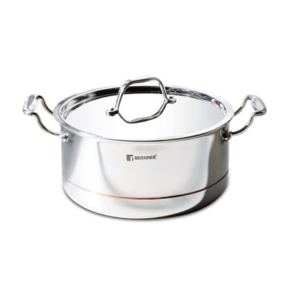 Bergner Argent 5CX 5-Ply Copper Core Stainless Steel Cooking Casserole/ Biryani Pot/ Handi with Lid,Induction Base, 24 cm (4.9ltr), Gas Ready