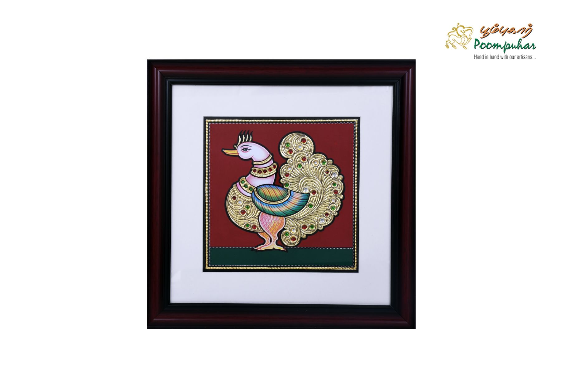 Poompuhar Peacock Tanjore Painting (Gold Foil Work,14X14 inch), Multicolour )