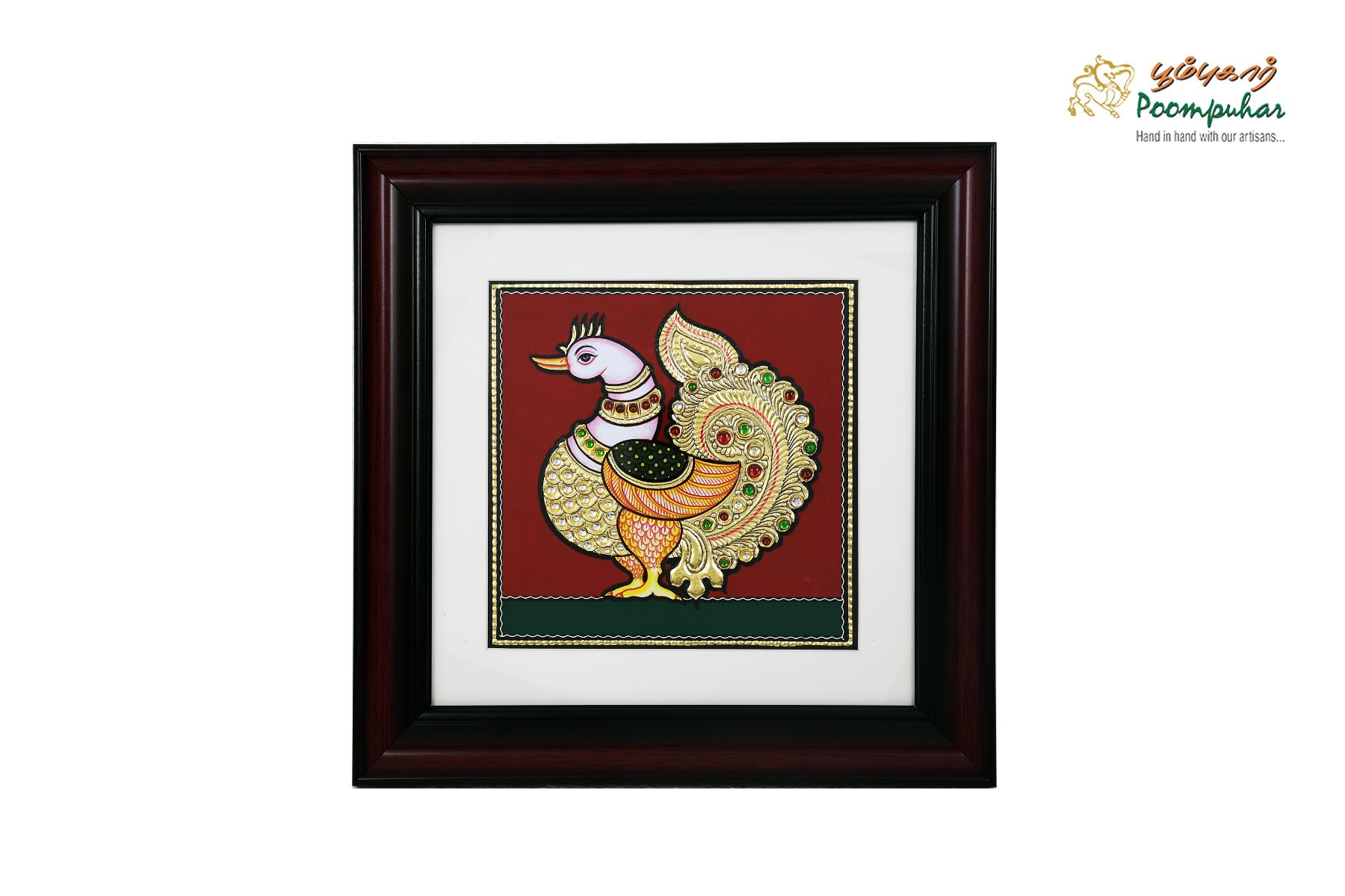 Poompuhar Peacock Tanjore Painting (Gold Foil Work,6x6inch), Multicolour )