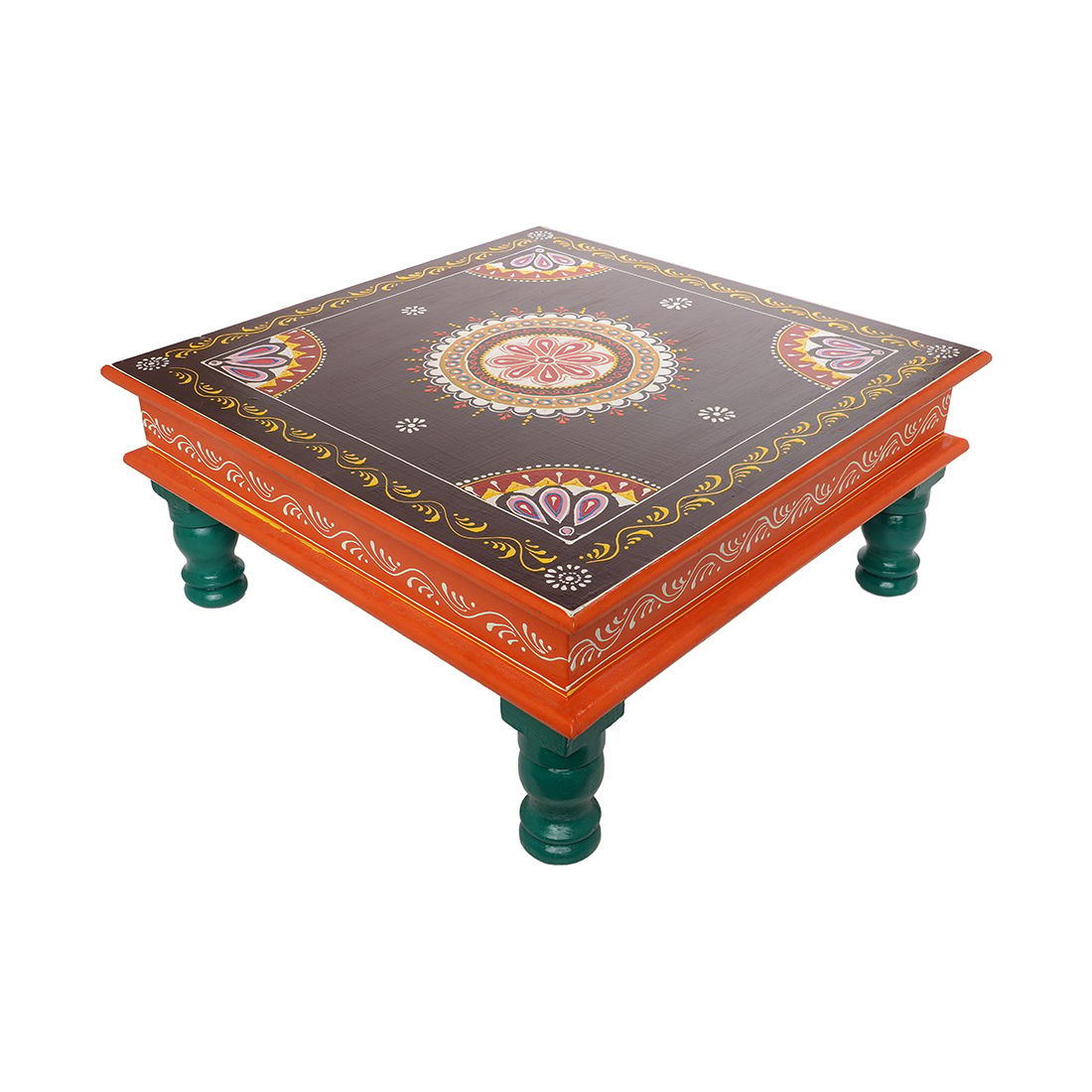 The Cocotier® Wood Carved Designer Brown Chowki Bajot for Pooja Home Temple Hand Painted Stool(38X38X17)cms