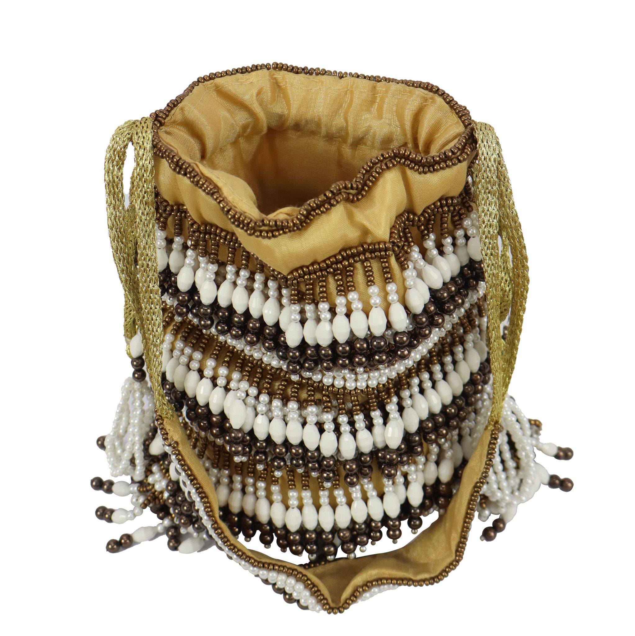 Heavy handwork Bead And Sequin Embellished Potli Bag- Multicolour (Brown) bag