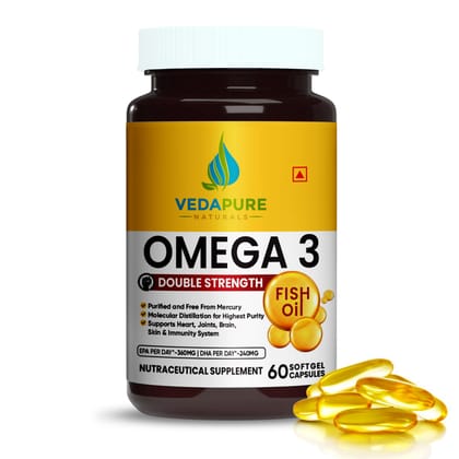 VEDAPURE Naturals Omega 3 |Fish Oil Omega 3 Capsules 1000 mg with Vitamin E & D3 |360 EPA & 240 DHA |High Strength Omega 3 Fatty Acid Capsules for Men & Women| No Fishy Burp | Support Healthy Heart, Eyes & Joints- 60 Softgel VEDAPURE Naturals Omega 3 |Fish Oil Omega 3 Capsules 1000 mg with Vitamin E & D3 |360 EPA & 240 DHA |High Strength Omega 3 Fatty Acid Capsules for Men & Women| No Fishy Burp | Support Healthy Heart, Eyes & Joints- 60 Softgel