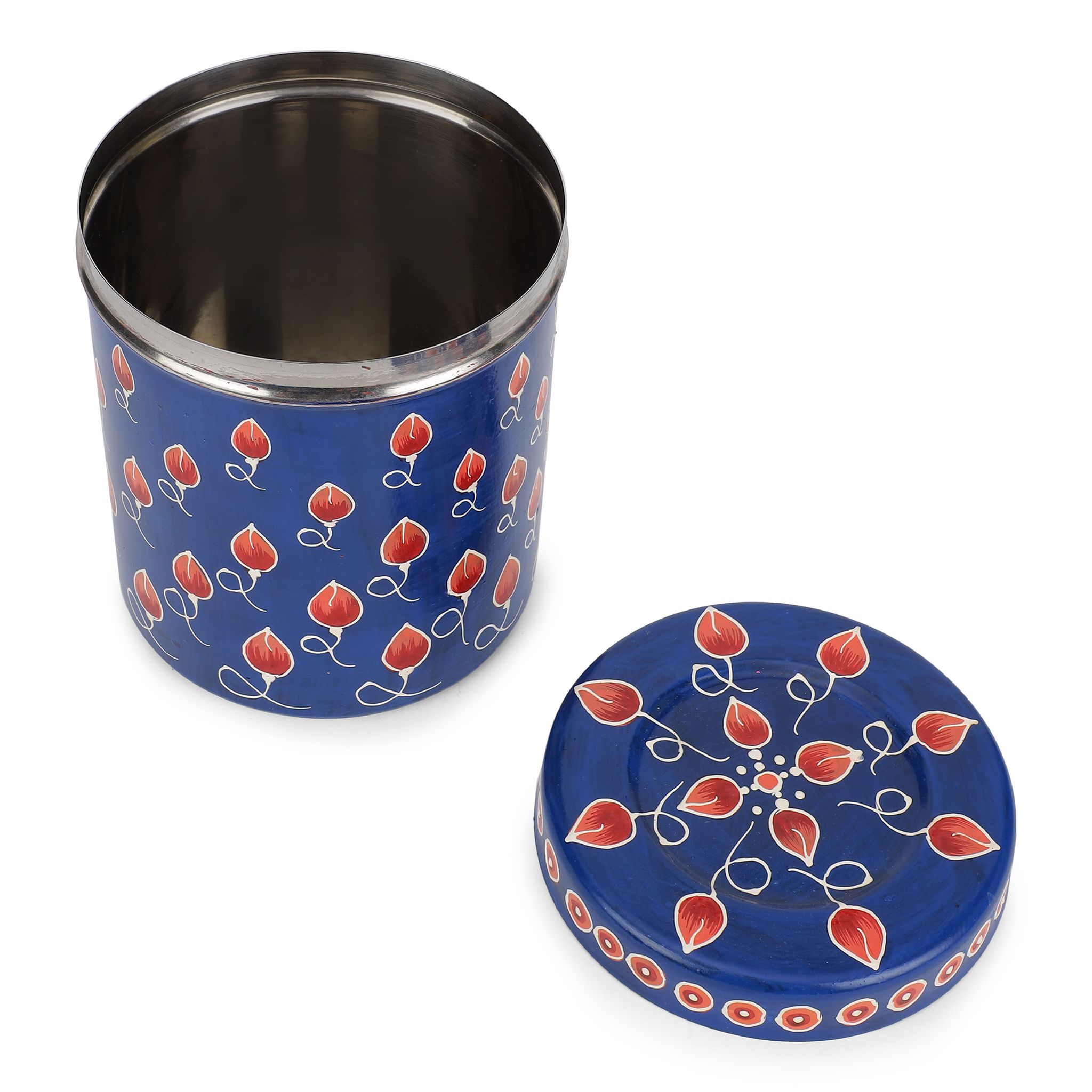 The Cocotier® Beautifully Painted Stainless Steel Storage Box in vibrant blue color, Ideal for storing spices, dry ingredients, or even small household items. (Blue-buds)