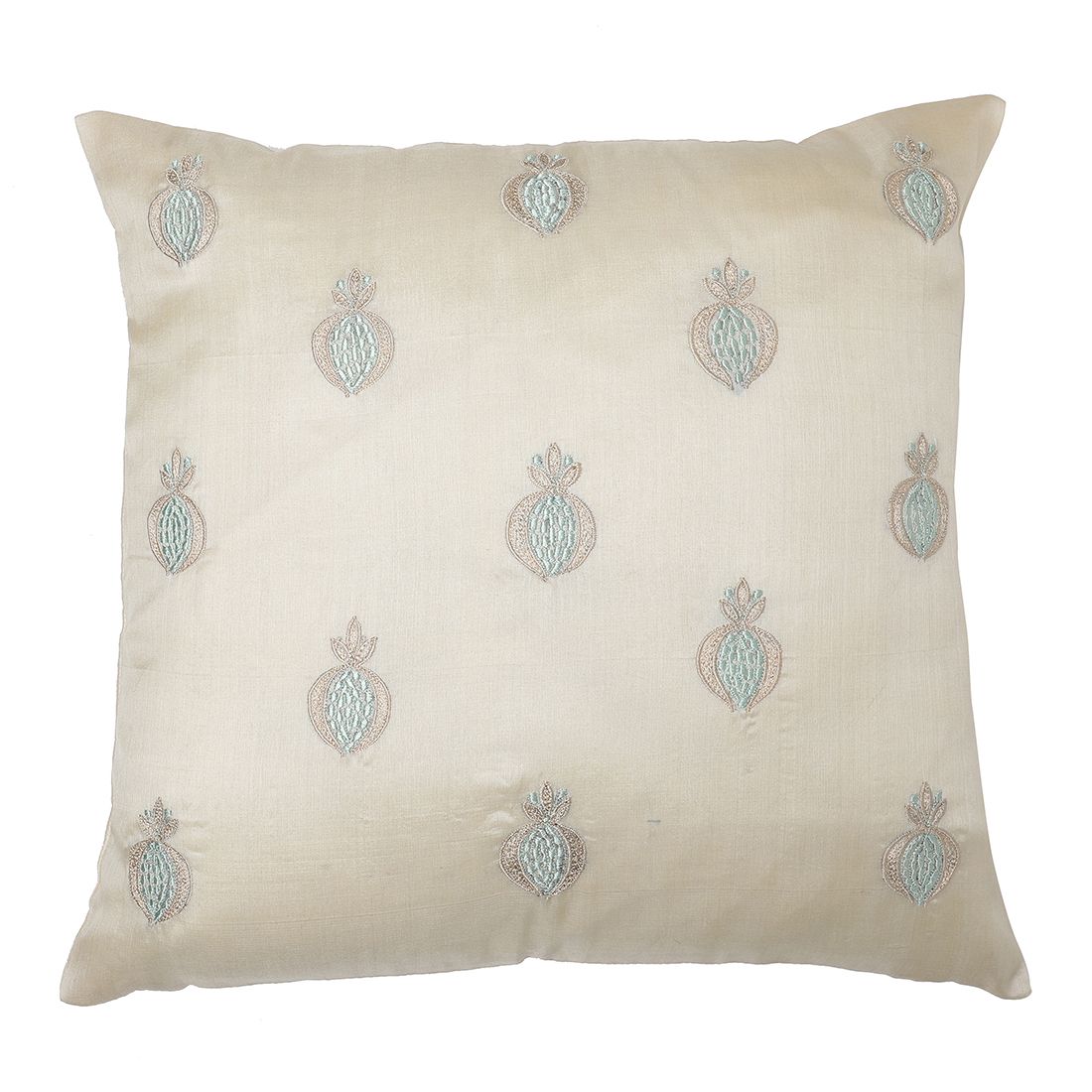 The Cocotier® Pure Silk Cushion Cover with Beautiful Embroidered Motifs, Button Closure, Coconut Shell Buttons, Pomegranate Motif (Off White, 16 X 16)