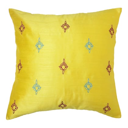 The Cocotier® Pure Silk Cushion Cover with Hand Embroidery, Thread Work, Zarri Embroidery, Zip Closure. (Yellow,16 X 16)