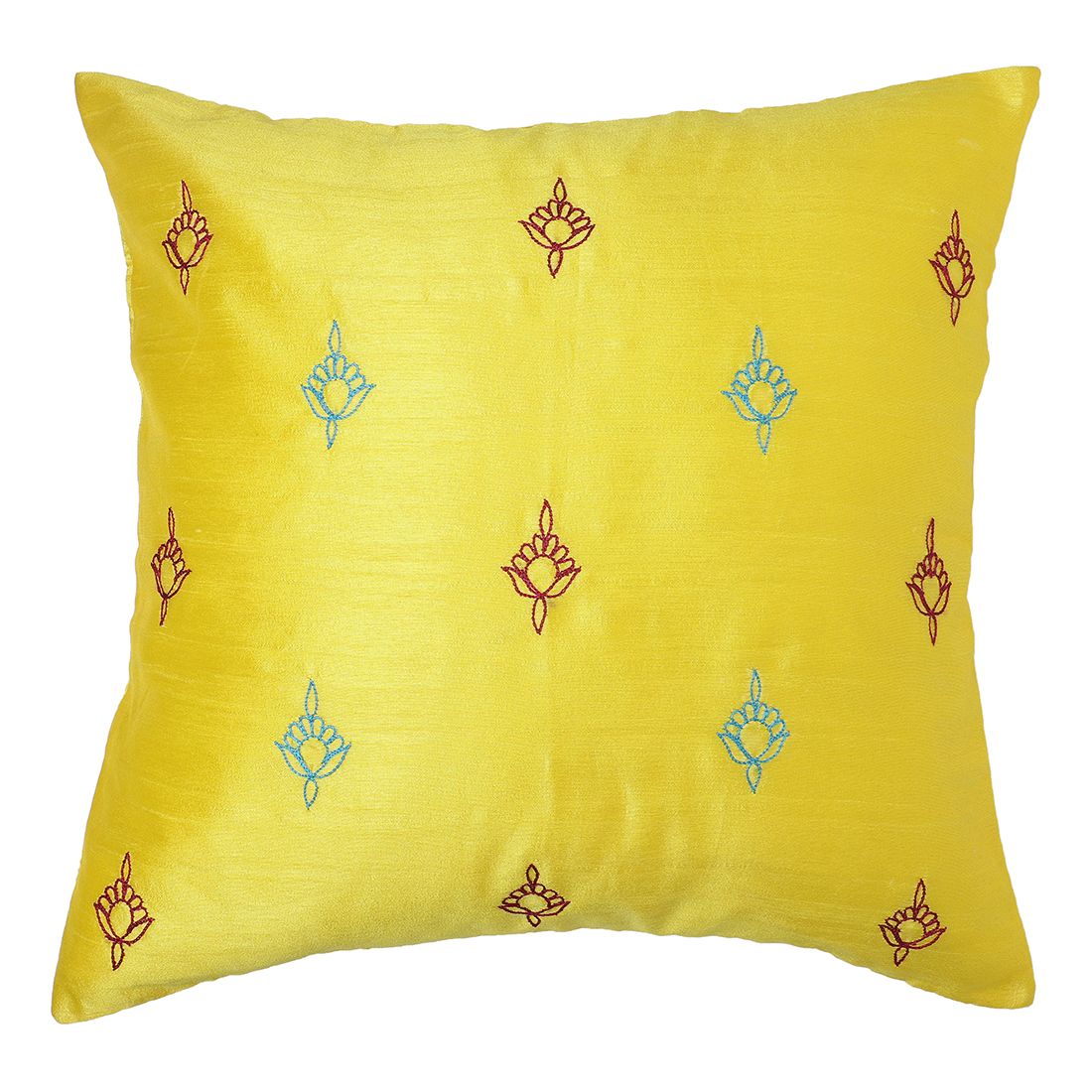 The Cocotier® Pure Silk Cushion Cover with Hand Embroidery, Thread Work, Zarri Embroidery, Zip Closure. (Yellow,16 X 16)