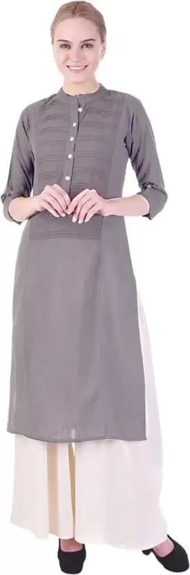 SVARCHI Women Solid Cotton Blend Straight Kurta (Grey)