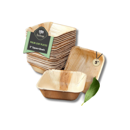 ECONUS [5 Inch, 25-Pack Palm Leaf Square Soup Bowls | Disposable Eco-Friendly Biodegradable Like Bamboo Bowls | Party, Wedding, Event Bowls