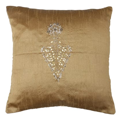 The Cocotier® Silk Cushion Cover with Hand Embroidery, Gotta Patti and Pearl Work, Traditional Design,Zip Closure (Golden,16 X 16). The Cocotier® Silk Cushion Cover with Hand Embroidery, Gotta Patti and Pearl Work, Traditional Design,Zip Closure (Golden,16 X 16).