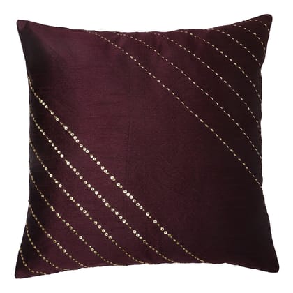 The Cocotier® Silk Cushion Cover with Hand Embroidery, Thread and Sequence Work, Running Stitch, Zip Closure (Purple,16 X 16).