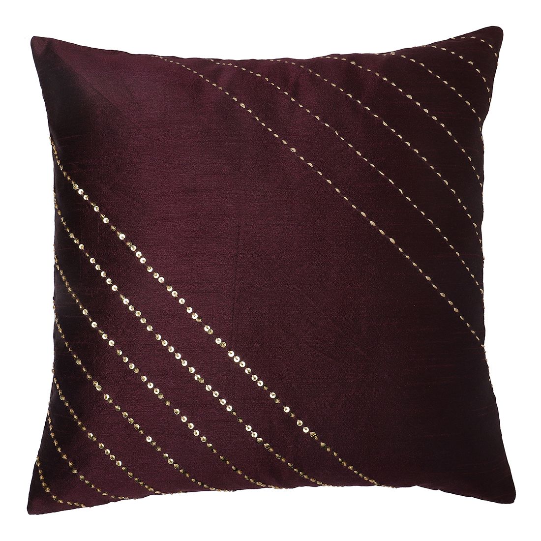 The Cocotier® Silk Cushion Cover with Hand Embroidery, Thread and Sequence Work, Running Stitch, Zip Closure (Purple,16 X 16).