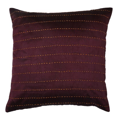 The Cocotier® Pure Silk Cushion Cover with handork, Zip Closure, Running Stitch with Contrast Colour Thread, Thread Work (Purple,16 X 16).